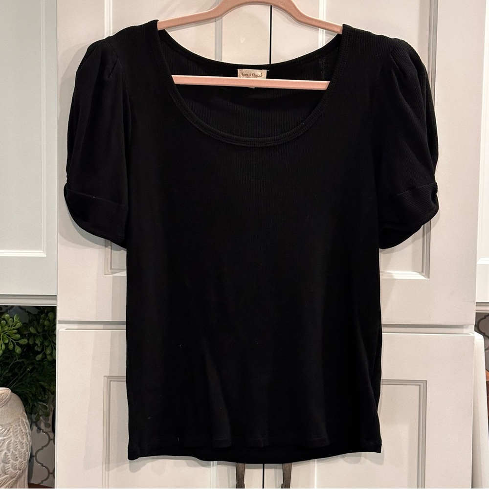 Hem & Thread Womens Puff Sleeve Scoop Neck Top Tee Blouse Size L Black Ribbed